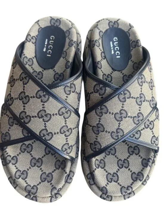 Gucci GG Canvas Platform Sandals Beige/Black Womens Size 36 Made In Italy - Picture 3 of 15